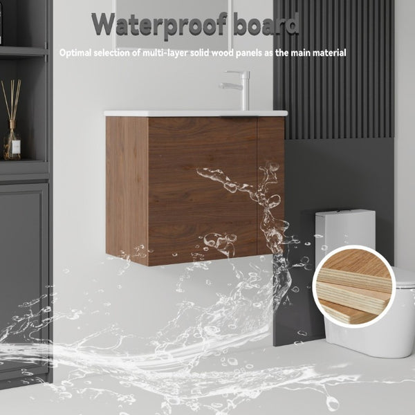 English Elm 22 Inch Floating Wall Mounted Bathroom Vanity with Ceramic Sink and Soft Close Cabinet Brown B2775P510746