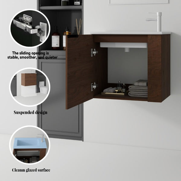 English Elm 22 Inch Floating Wall Mounted Bathroom Vanity with Ceramic Sink and Soft Close Cabinet Brown B2775P510746