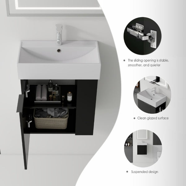 English Elm 21.6 Inch Floating Bathroom Vanity with Ceramic Sink Soft-Close Plywood Cabinet Black B2775P510748