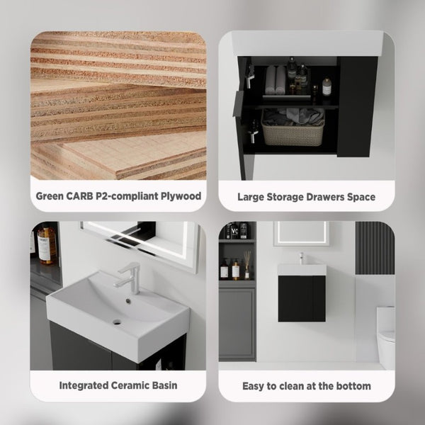 English Elm 21.6 Inch Floating Bathroom Vanity with Ceramic Sink Soft-Close Plywood Cabinet Black B2775P510748