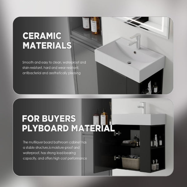English Elm 21.6 Inch Floating Bathroom Vanity with Ceramic Sink Soft-Close Plywood Cabinet Black B2775P510748