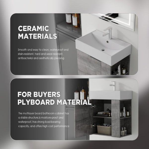 English Elm 21.6 Inch Floating Bathroom Vanity with Ceramic Sink Soft-Close Plywood Cabinet Grey B2775P510749