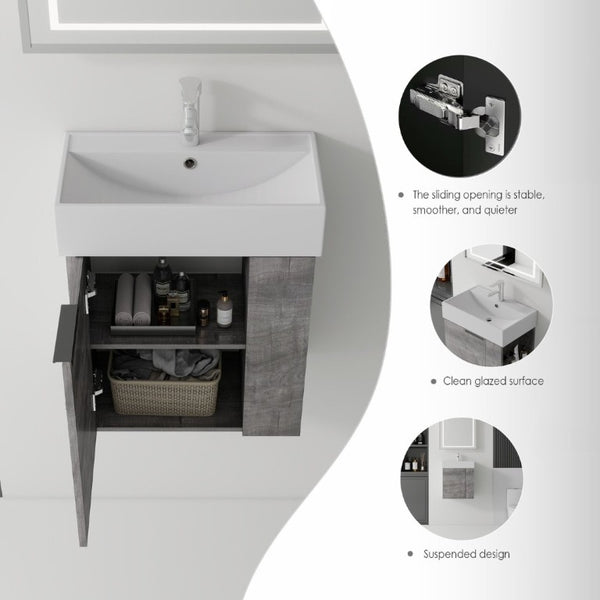 English Elm 21.6 Inch Floating Bathroom Vanity with Ceramic Sink Soft-Close Plywood Cabinet Grey B2775P510749