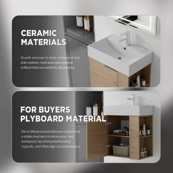 English Elm 21.6 Inch Floating Bathroom Vanity with Ceramic Sink Soft-Close Plywood Cabinet Oak B2775P510750