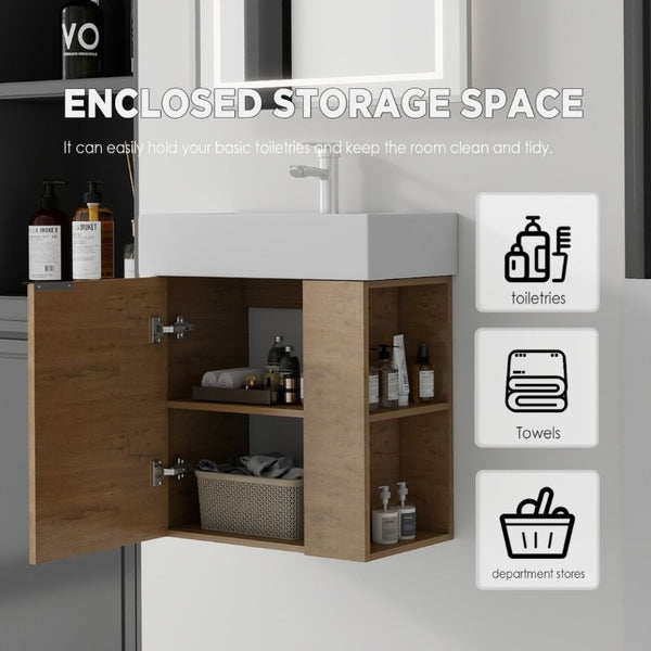 English Elm 21.6 Inch Floating Bathroom Vanity with Ceramic Sink Soft-Close Plywood Cabinet Oak B2775P510750