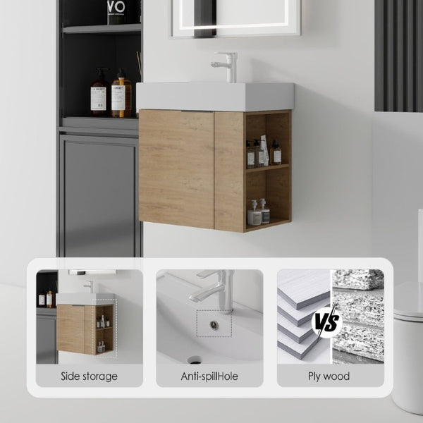 English Elm 21.6 Inch Floating Bathroom Vanity with Ceramic Sink Soft-Close Plywood Cabinet Oak B2775P510750