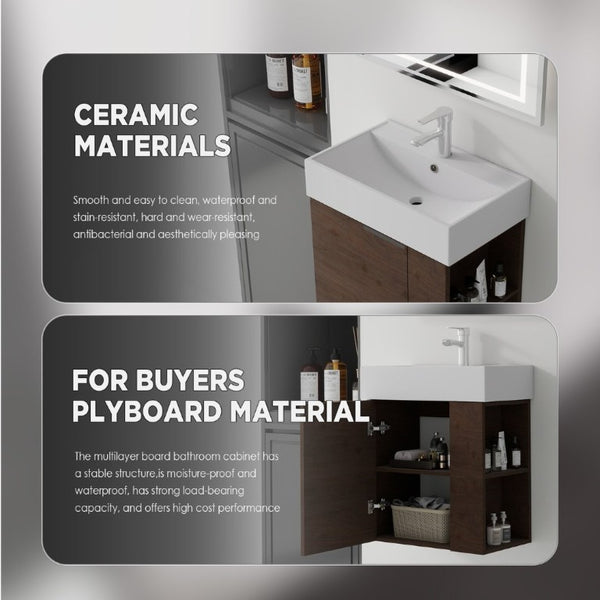 English Elm 21.6 Inch Floating Bathroom Vanity with Ceramic Sink Soft-Close Plywood Cabinet Brown B2775P510751