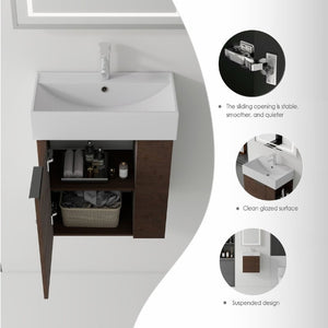 English Elm 21.6 Inch Floating Bathroom Vanity with Ceramic Sink Soft-Close Plywood Cabinet Brown B2775P510751