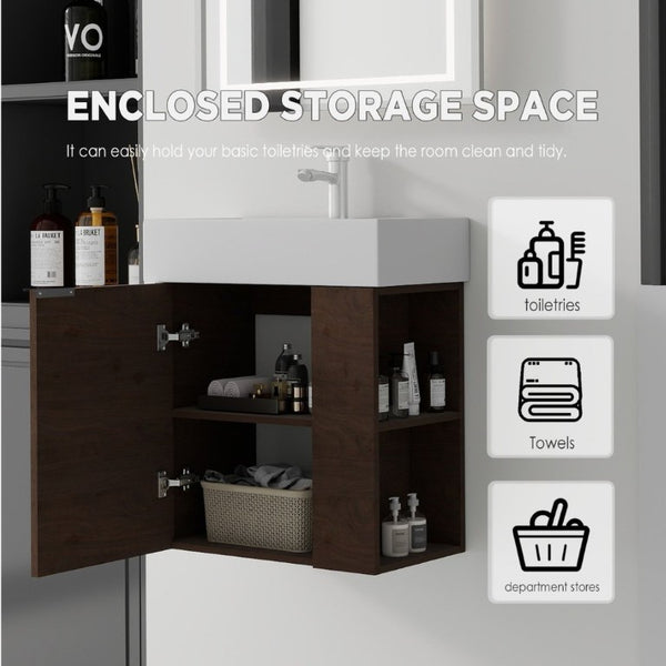English Elm 21.6 Inch Floating Bathroom Vanity with Ceramic Sink Soft-Close Plywood Cabinet Brown B2775P510751