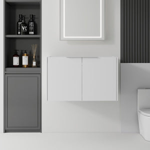 English Elm 30 Inch Floating Bathroom Vanity with Plywood Build Soft Close Doors Grey Finish White B2775P510761