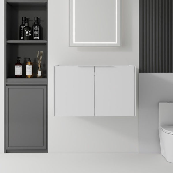 English Elm 30 Inch Floating Bathroom Vanity with Plywood Build Soft Close Doors Grey Finish White B2775P510761