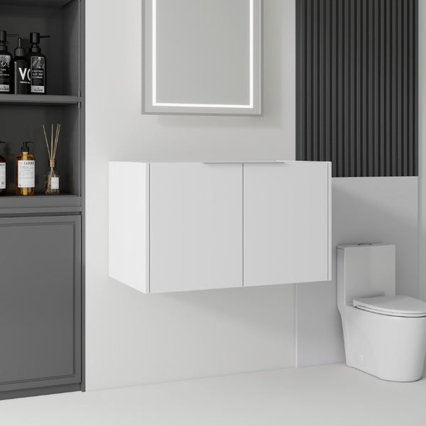English Elm 30 Inch Floating Bathroom Vanity with Plywood Build Soft Close Doors Grey Finish White B2775P510761