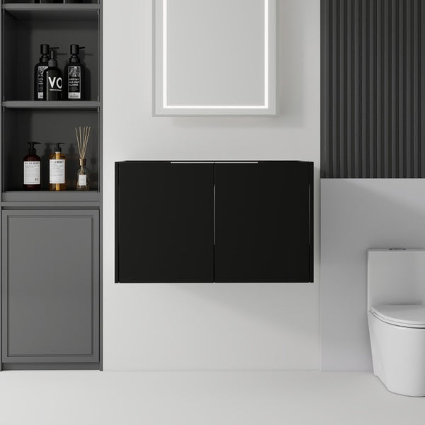 English Elm 30 Inch Floating Bathroom Vanity with Plywood Build Soft Close Doors Grey Finish Black B2775P510762