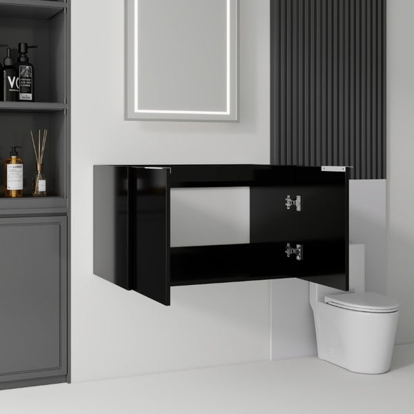 English Elm 30 Inch Floating Bathroom Vanity with Plywood Build Soft Close Doors Grey Finish Black B2775P510762