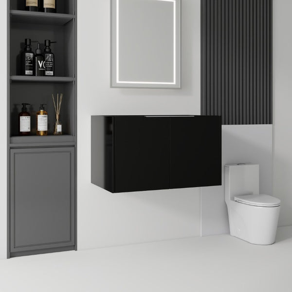 English Elm 30 Inch Floating Bathroom Vanity with Plywood Build Soft Close Doors Grey Finish Black B2775P510762