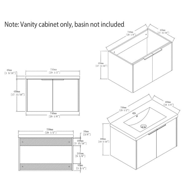 English Elm 30 Inch Floating Bathroom Vanity with Plywood Build Soft Close Doors Grey Finish Black B2775P510762