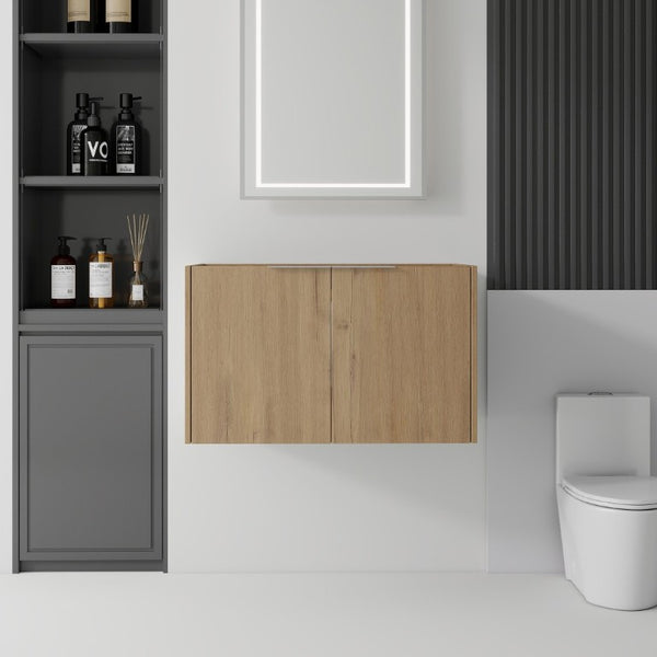 English Elm 30 Inch Floating Bathroom Vanity with Plywood Build Soft Close Doors Grey Finish Oak - B B2775P510764