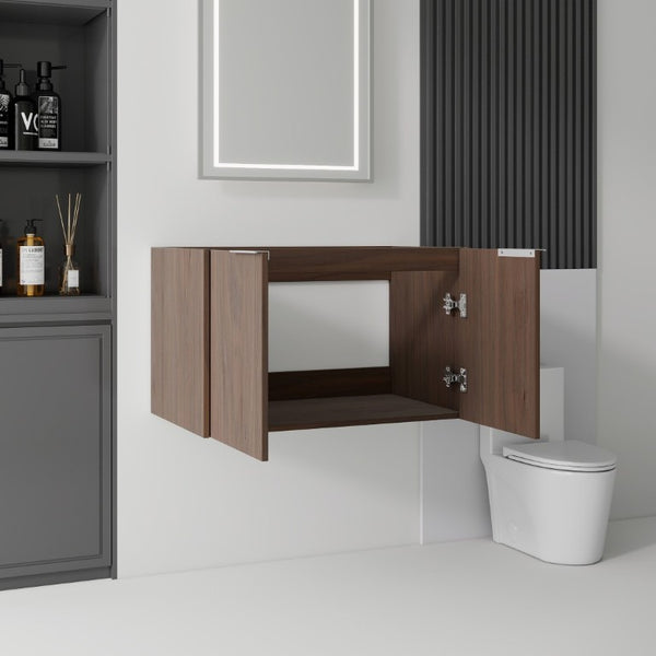 English Elm 30 Inch Floating Bathroom Vanity with Plywood Build Soft Close Doors Grey Finish Brown B2775P510765