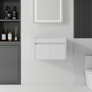 English Elm 30 Inch Wall Mounted Floating Bathroom Vanity Plywood Cabinet with Soft Close Drawers White B2775P510773