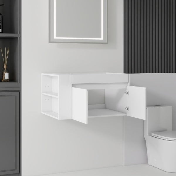 English Elm 30 Inch Wall Mounted Floating Bathroom Vanity Plywood Cabinet with Soft Close Drawers White B2775P510773