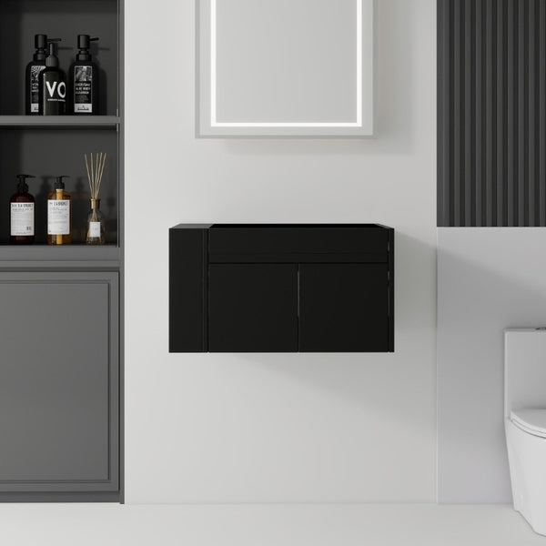 English Elm 30 Inch Wall Mounted Floating Bathroom Vanity Plywood Cabinet with Soft Close Drawers Black B2775P510774