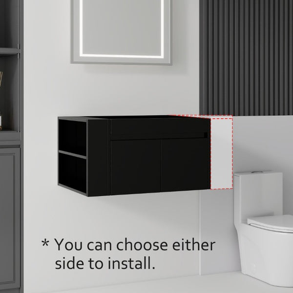 English Elm 30 Inch Wall Mounted Floating Bathroom Vanity Plywood Cabinet with Soft Close Drawers Black B2775P510774