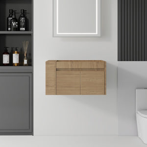 English Elm 30 Inch Wall Mounted Floating Bathroom Vanity Plywood Cabinet with Soft Close Drawers Oak B2775P510776