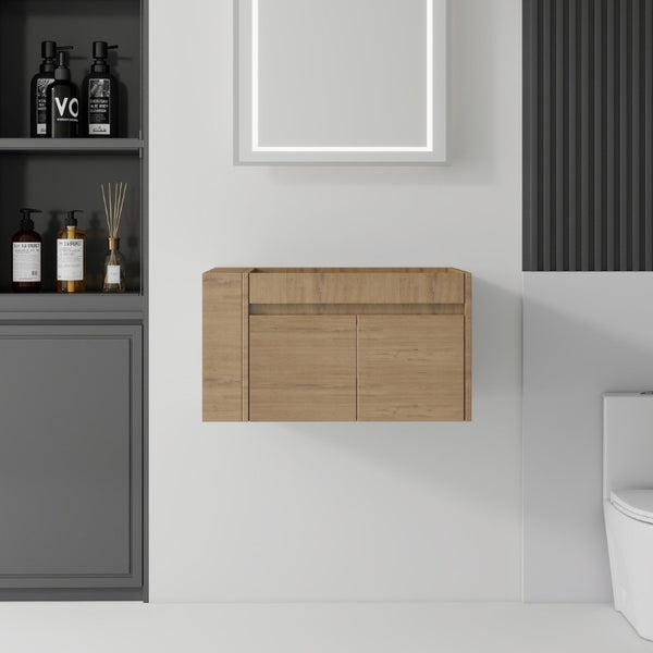 English Elm 30 Inch Wall Mounted Floating Bathroom Vanity Plywood Cabinet with Soft Close Drawers Oak B2775P510776