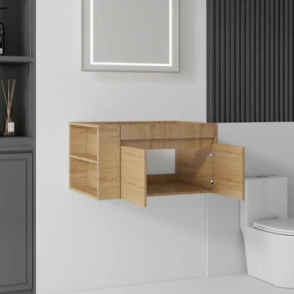English Elm 30 Inch Wall Mounted Floating Bathroom Vanity Plywood Cabinet with Soft Close Drawers Oak B2775P510776