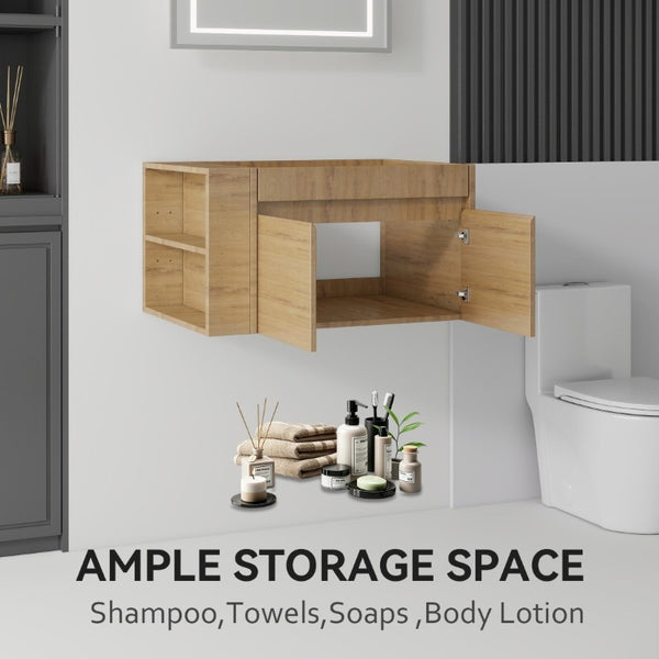 English Elm 30 Inch Wall Mounted Floating Bathroom Vanity Plywood Cabinet with Soft Close Drawers Oak B2775P510776