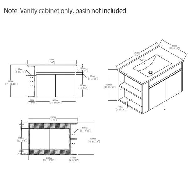 English Elm 30 Inch Wall Mounted Floating Bathroom Vanity Plywood Cabinet with Soft Close Drawers Oak B2775P510776