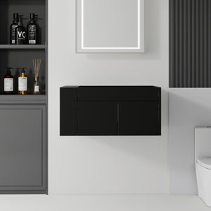 English Elm 36 Inch Floating Bathroom Vanity with Plywood Build Soft Close Drawers Open Shelving Black B2775P510778