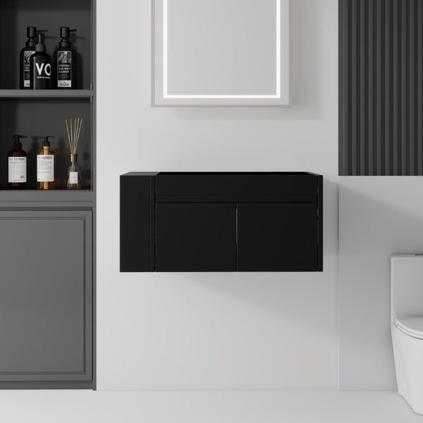 English Elm 36 Inch Floating Bathroom Vanity with Plywood Build Soft Close Drawers Open Shelving Black B2775P510778