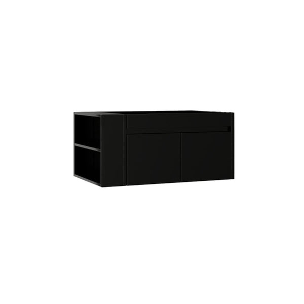 English Elm 36 Inch Floating Bathroom Vanity with Plywood Build Soft Close Drawers Open Shelving Black B2775P510778