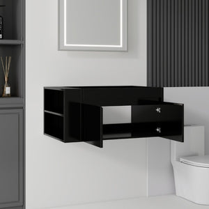 English Elm 36 Inch Floating Bathroom Vanity with Plywood Build Soft Close Drawers Open Shelving Black B2775P510778