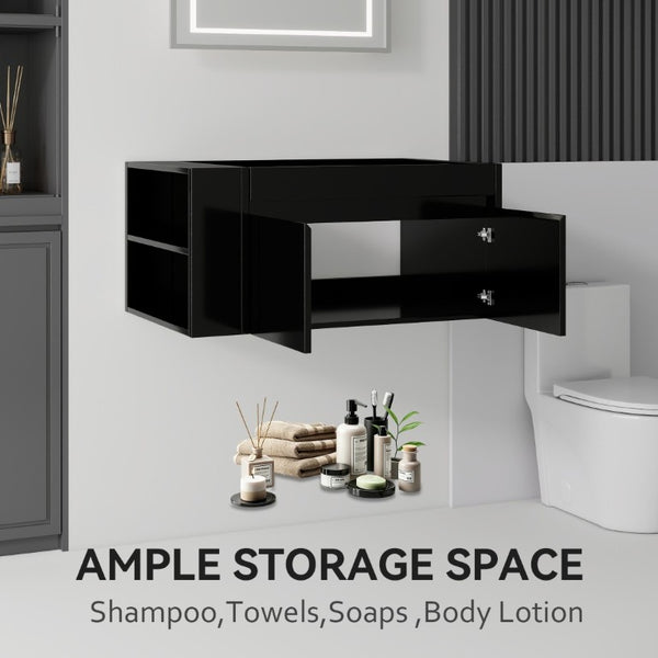English Elm 36 Inch Floating Bathroom Vanity with Plywood Build Soft Close Drawers Open Shelving Black B2775P510778