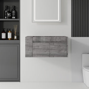 English Elm 36 Inch Floating Bathroom Vanity with Plywood Build Soft Close Drawers Open Shelving Grey B2775P510779