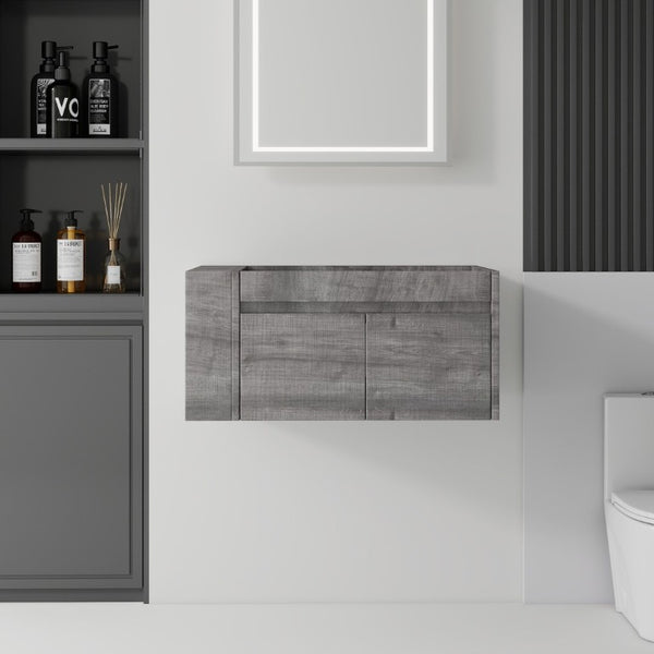 English Elm 36 Inch Floating Bathroom Vanity with Plywood Build Soft Close Drawers Open Shelving Grey B2775P510779