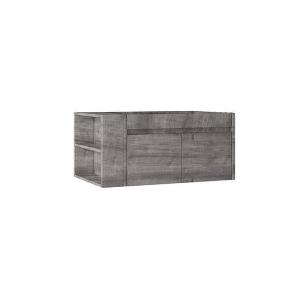 English Elm 36 Inch Floating Bathroom Vanity with Plywood Build Soft Close Drawers Open Shelving Grey B2775P510779