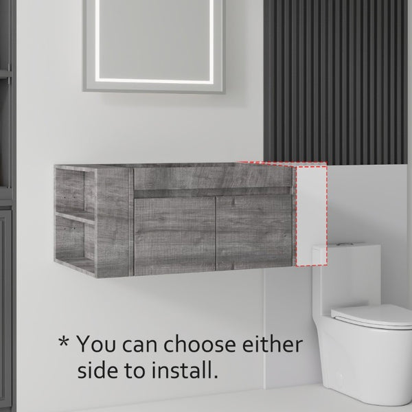 English Elm 36 Inch Floating Bathroom Vanity with Plywood Build Soft Close Drawers Open Shelving Grey B2775P510779