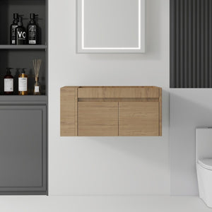 English Elm 36 Inch Floating Bathroom Vanity with Plywood Build Soft Close Drawers Open Shelving Oak B2775P510780