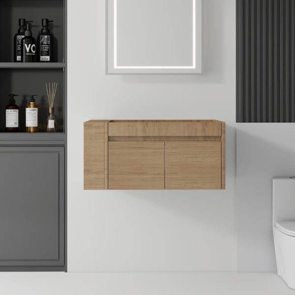 English Elm 36 Inch Floating Bathroom Vanity with Plywood Build Soft Close Drawers Open Shelving Oak B2775P510780