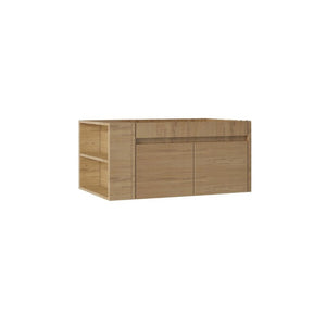 English Elm 36 Inch Floating Bathroom Vanity with Plywood Build Soft Close Drawers Open Shelving Oak B2775P510780