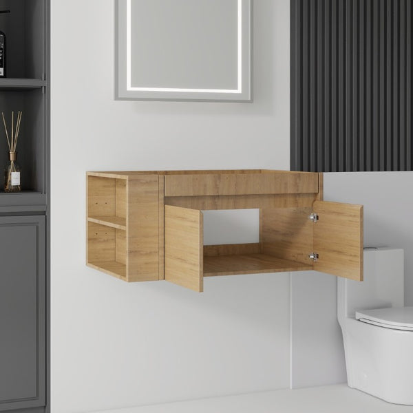 English Elm 36 Inch Floating Bathroom Vanity with Plywood Build Soft Close Drawers Open Shelving Oak B2775P510780