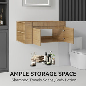 English Elm 36 Inch Floating Bathroom Vanity with Plywood Build Soft Close Drawers Open Shelving Oak B2775P510780
