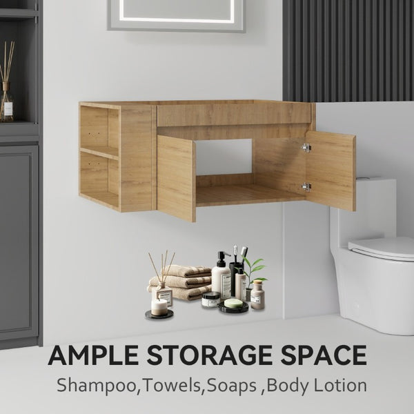 English Elm 36 Inch Floating Bathroom Vanity with Plywood Build Soft Close Drawers Open Shelving Oak B2775P510780