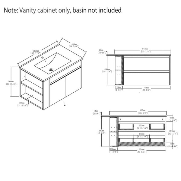 English Elm 36 Inch Floating Bathroom Vanity with Plywood Build Soft Close Drawers Open Shelving Oak B2775P510780