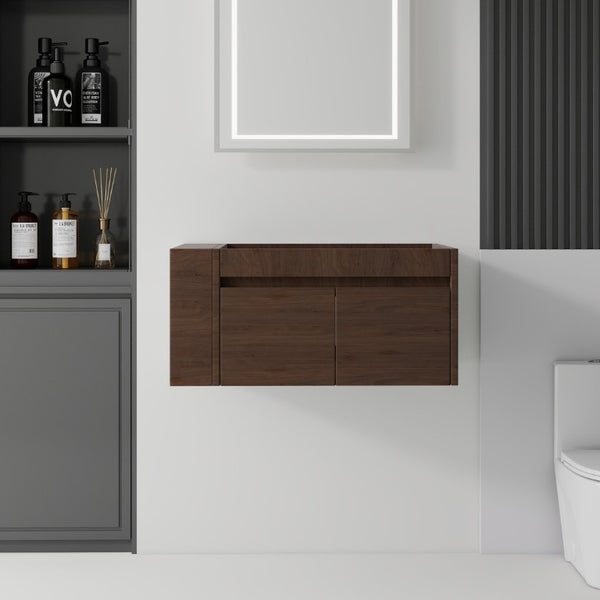 English Elm 36 Inch Floating Bathroom Vanity with Plywood Build Soft Close Drawers Open Shelving Brown B2775P510781