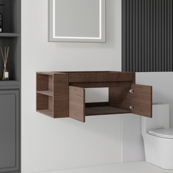English Elm 36 Inch Floating Bathroom Vanity with Plywood Build Soft Close Drawers Open Shelving Brown B2775P510781