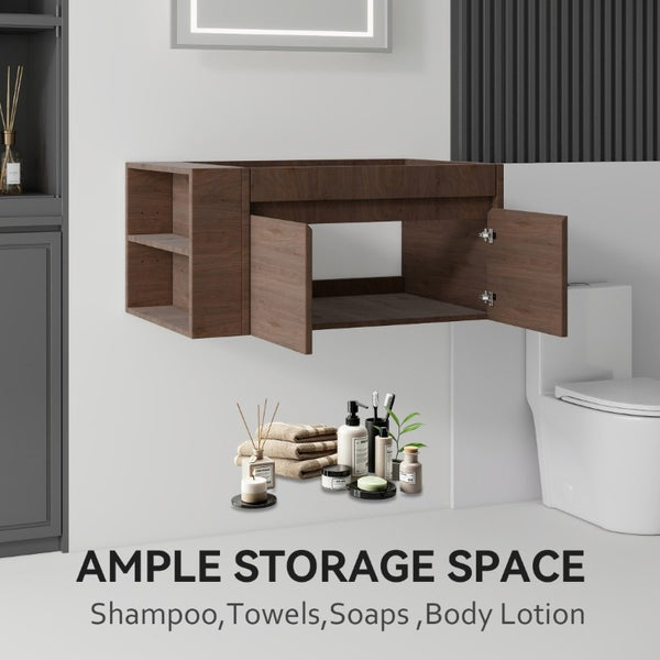 English Elm 36 Inch Floating Bathroom Vanity with Plywood Build Soft Close Drawers Open Shelving Brown B2775P510781